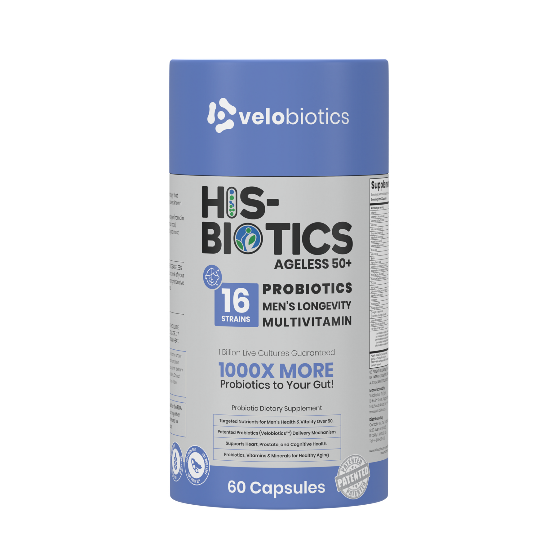 His-Biotics Original Ageless 50+ probiotics multivitamin for men's longevity with 16 strains and 60 capsules