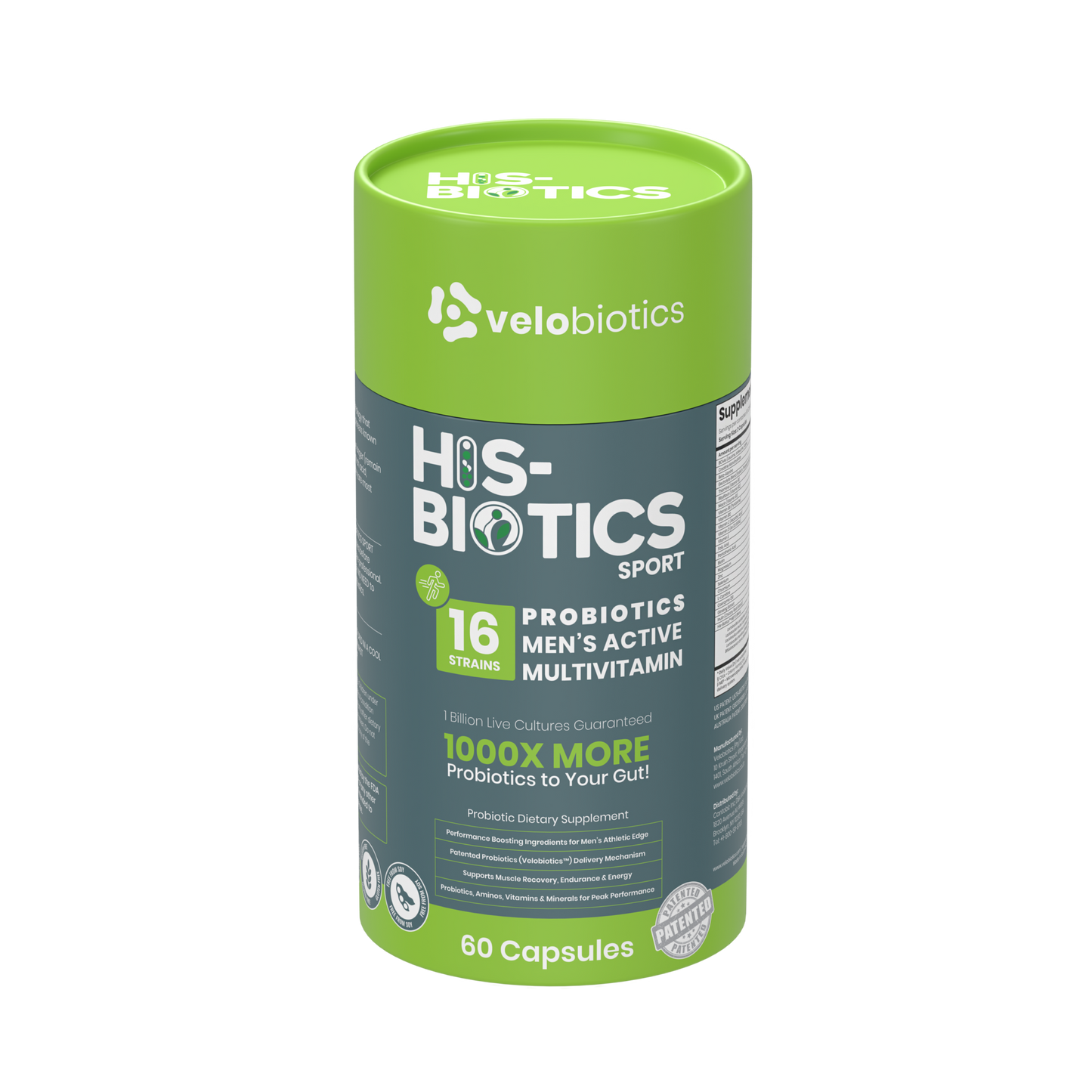 His-Biotics Probiotics SPORT multivitamin capsules for men with 16 probiotic strains, creatine, BCAAs, and vitamins for athletic performance and gut health.