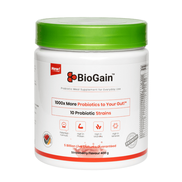 BioGain - Probiotics Meal 400g, strawberry flavor tub