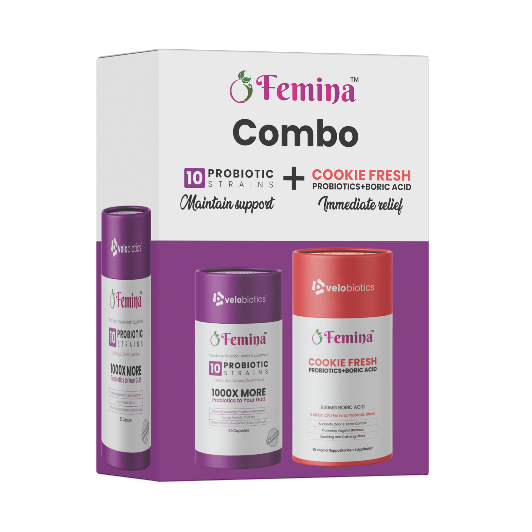Femina COMBO Care probiotic capsules and cookie fresh suppositories for intimate health support and immediate relief