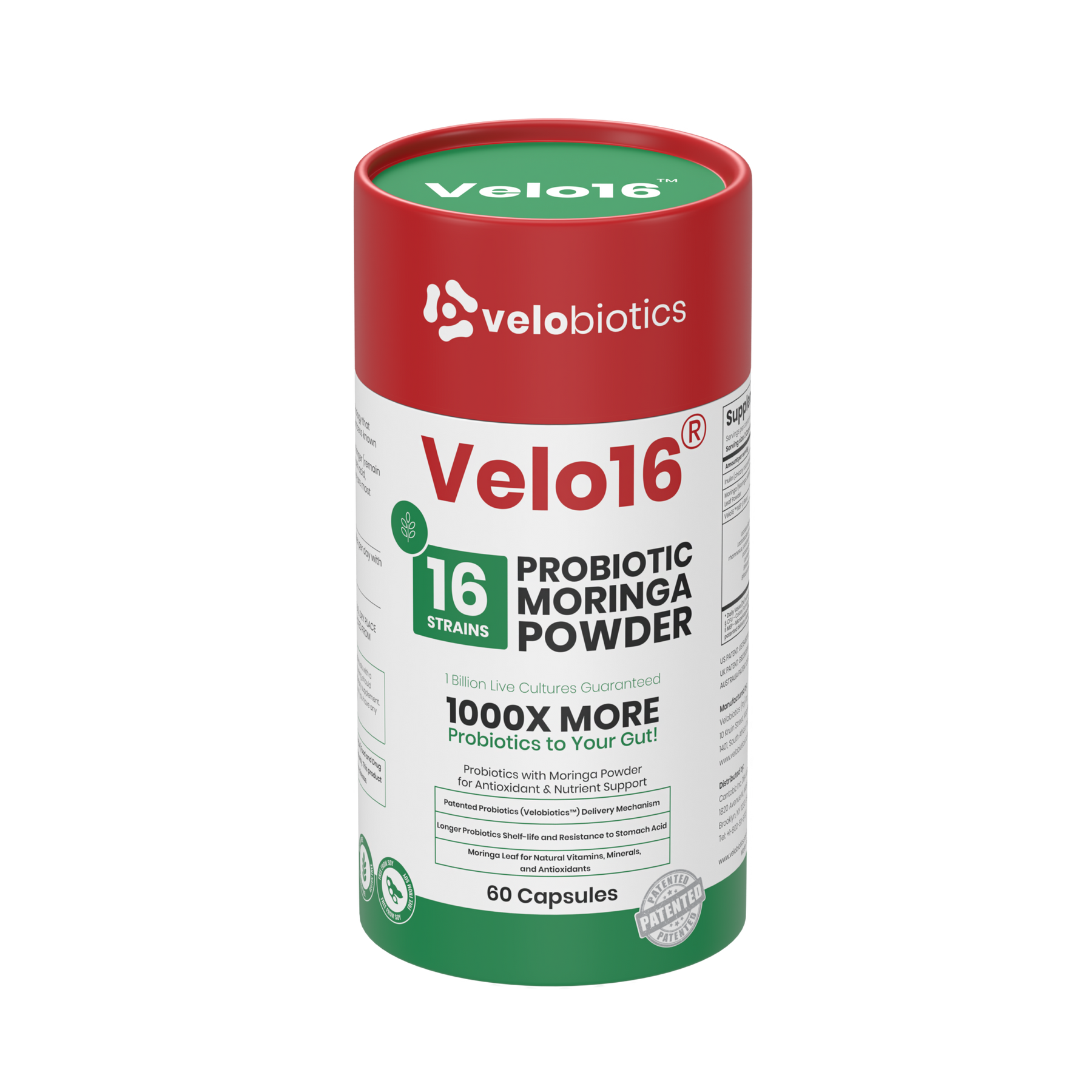 Velo16 Probiotics Moringa Powder supplement with 16 probiotic strains and moringa for gut health and immune support, 60 capsules