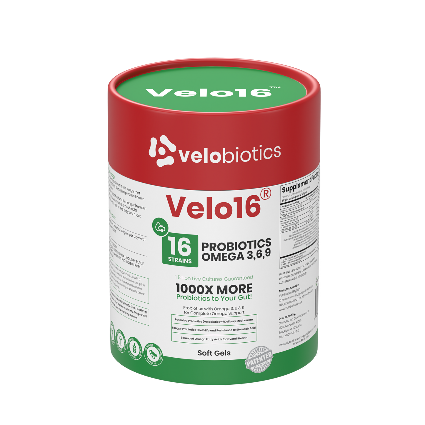 Velo16 Probiotics supplement container with Omega 3, 6, and 9 soft gels for gut health and cognitive support