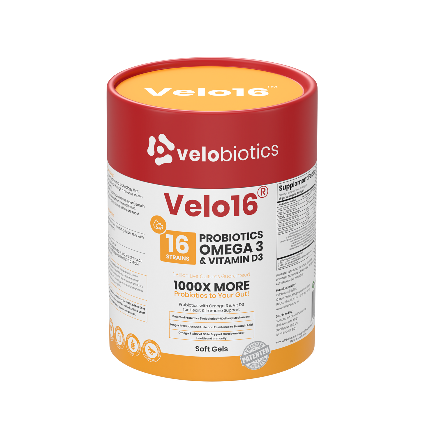 Velo16 Probiotics supplement container with Omega 3 and Vitamin D3 for gut health and cognitive support