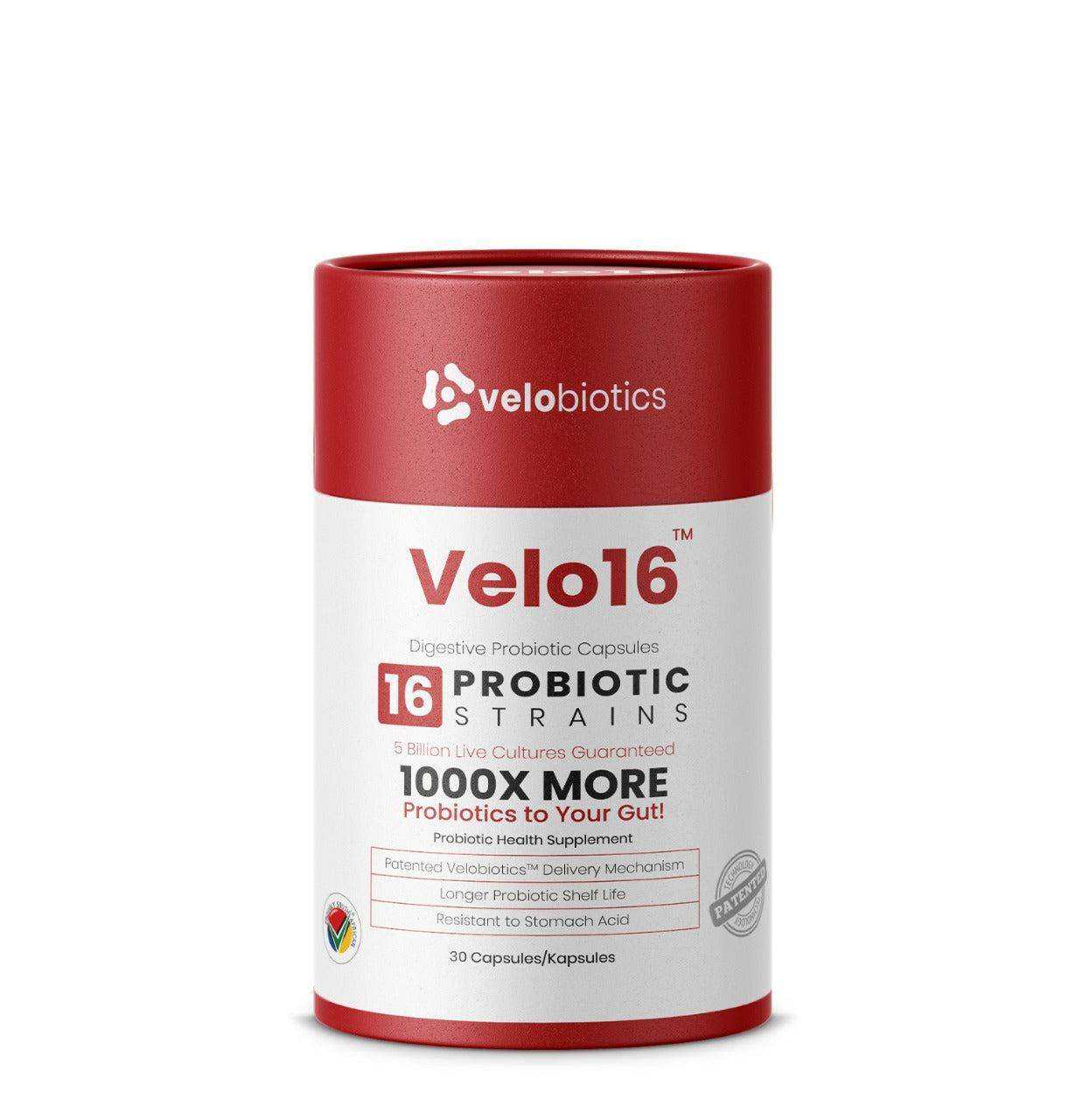 Velo16 Probiotic Capsules bottle with supplement facts and probiotic benefits displayed
