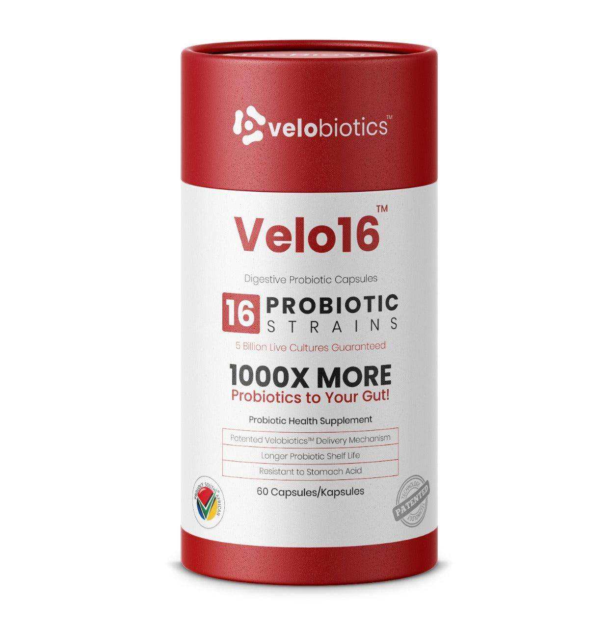 Velo16 Probiotic Capsules bottle with supplement facts and key benefits information for digestive health and immunity boost