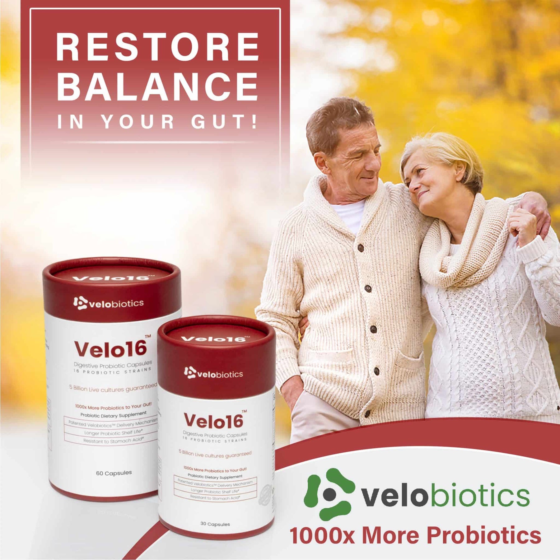 Velo16 Probiotic Capsules bottle with supplement facts and probiotic benefits table
