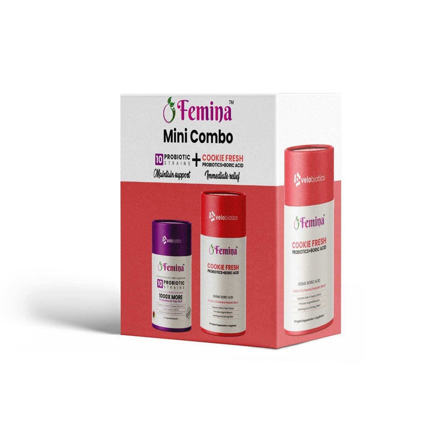 Femina™ Mini Combo packaging featuring COOKIE FRESH Suppositories and Probiotic Capsules with Cranberry for feminine wellness.