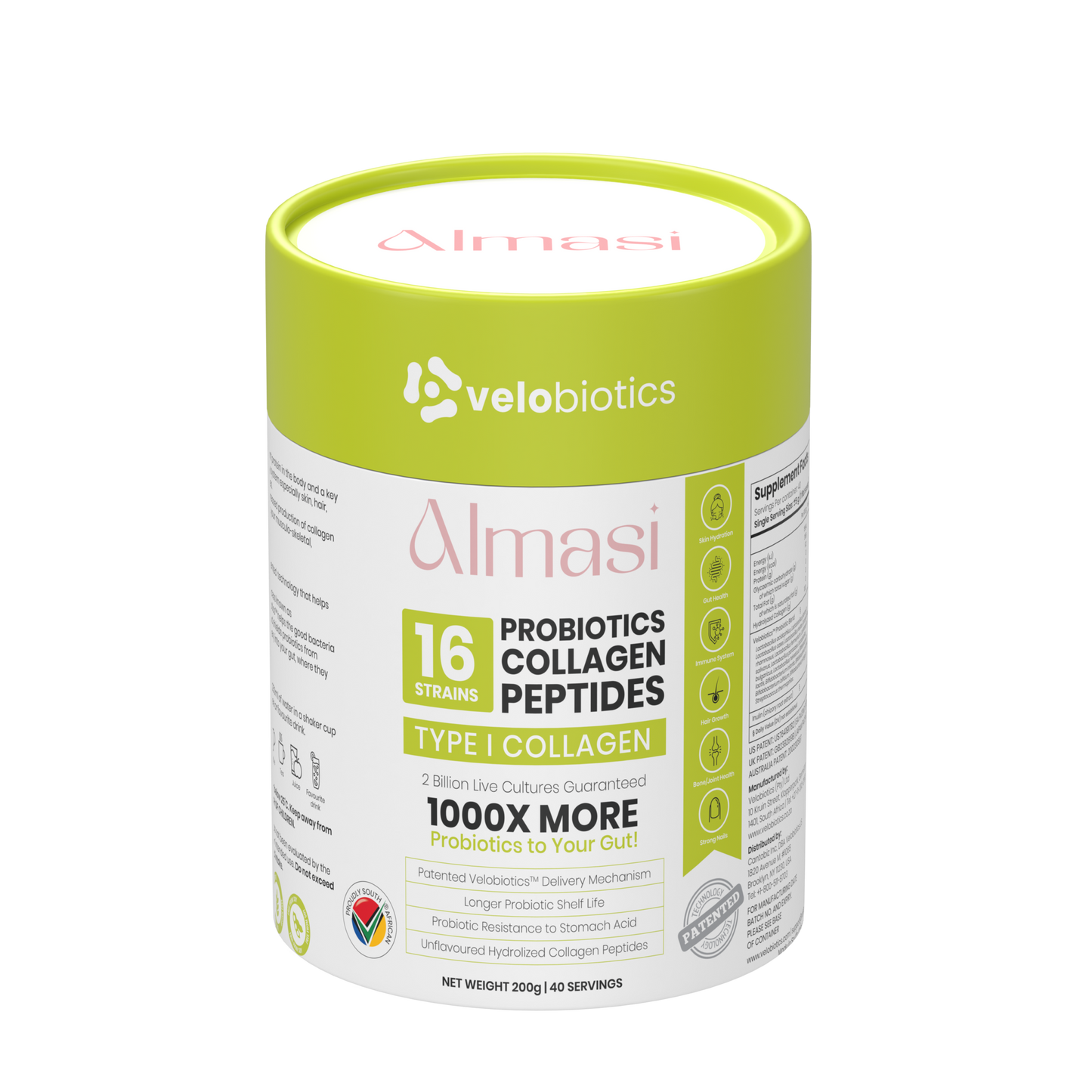 Velo16 Probiotic Digestive Capsules Almasi Collagen Peptides Powder for gut health and glowing skin