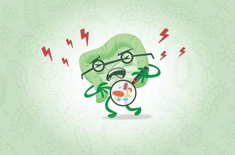 Illustration of an unhappy gut with bacterial imbalances causing digestive discomfort and inflammation.