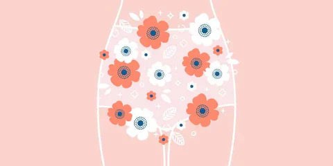 Illustration of female lower torso with flowers symbolizing vaginal health and probiotics benefits