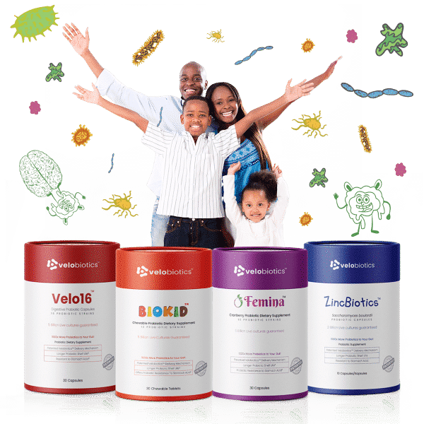 Happy family with Velobiotics probiotic products surrounded by colorful gut bacteria illustrations showing how Velobiotics can help gut health.