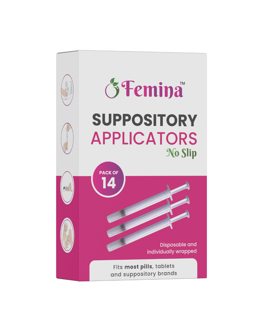 Femina Suppository Applicators pack of 14 disposable, no-slip vaginal suppository applicators for comfortable and precise application