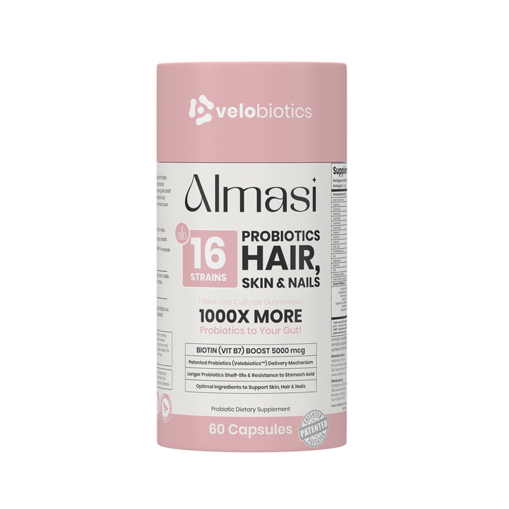 Almasi Probiotics Skin supplement bottle with 60 capsules for hair, skin, and nails health with 16 probiotic strains and biotin boost