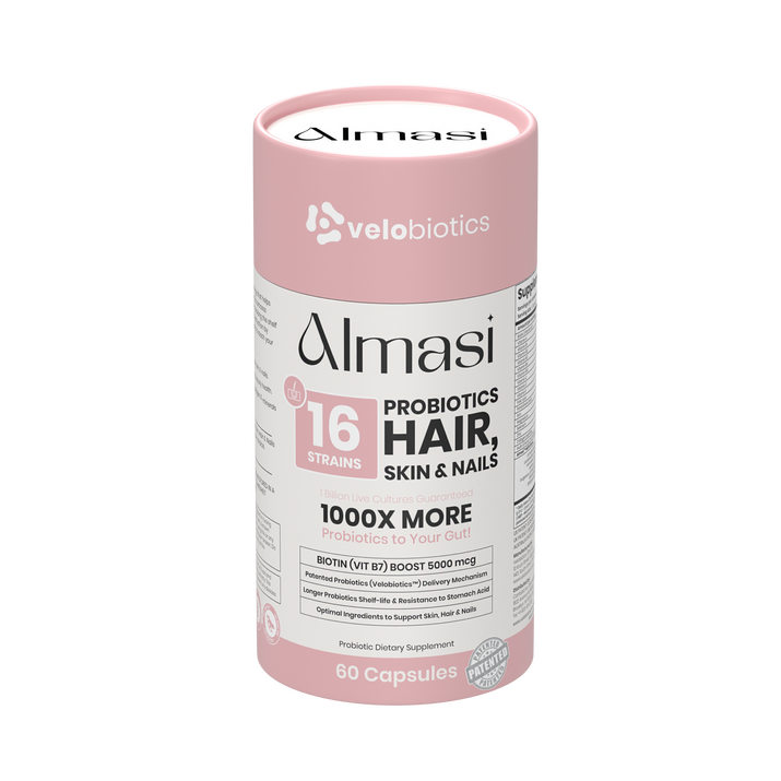 Almasi Probiotics Skin, Hair & Nails supplement bottle with 16 probiotic strains and biotin for beauty and health support