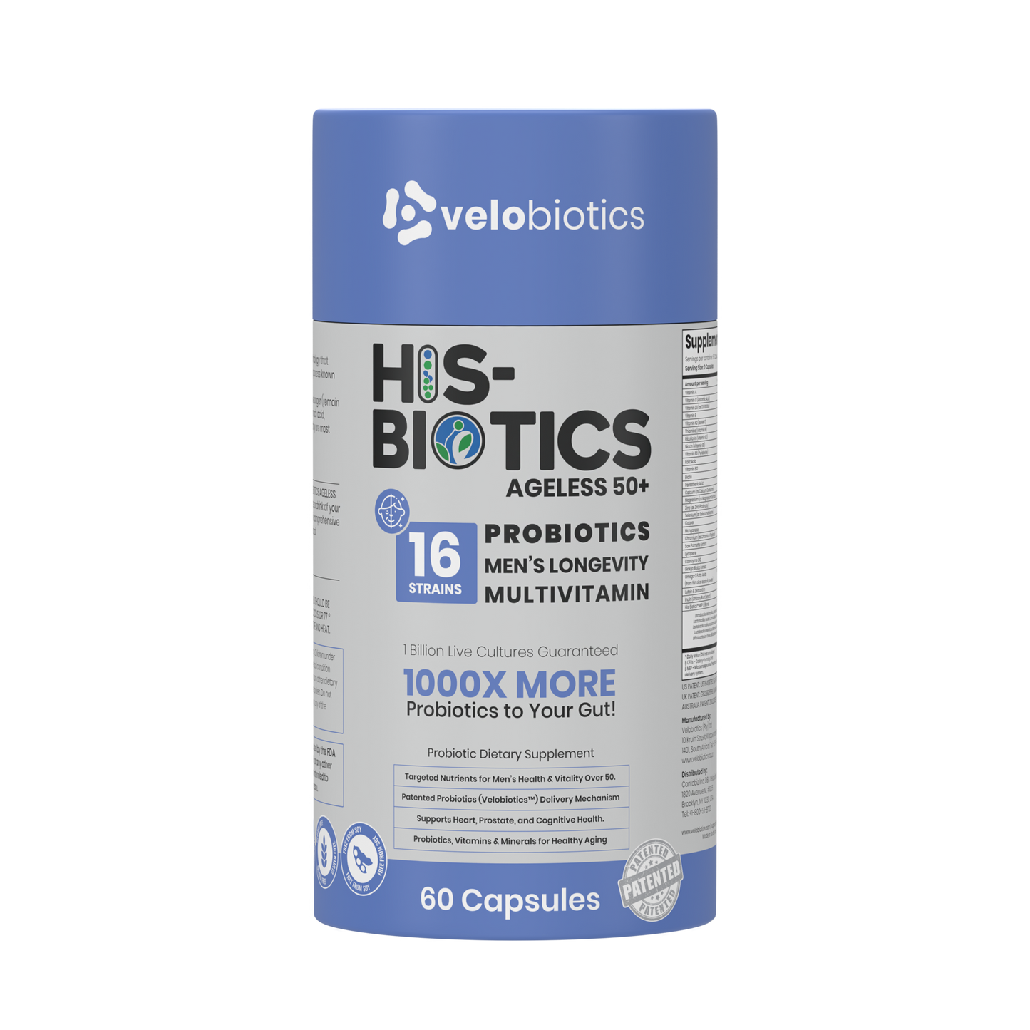 His-Biotics Original Ageless 50+ probiotics multivitamin for men's longevity with 16 strains and 60 capsules