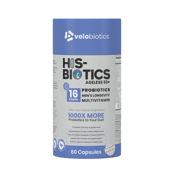 His-Biotics Probiotics AGELESS 50+ Multivitamin - 3D product bottle and packaging box front view