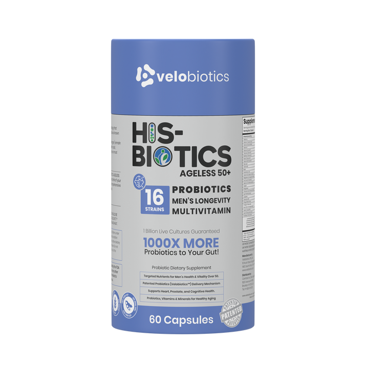His-Biotics Original Ageless 50+ probiotics multivitamin for men's longevity with 16 strains and 60 capsules