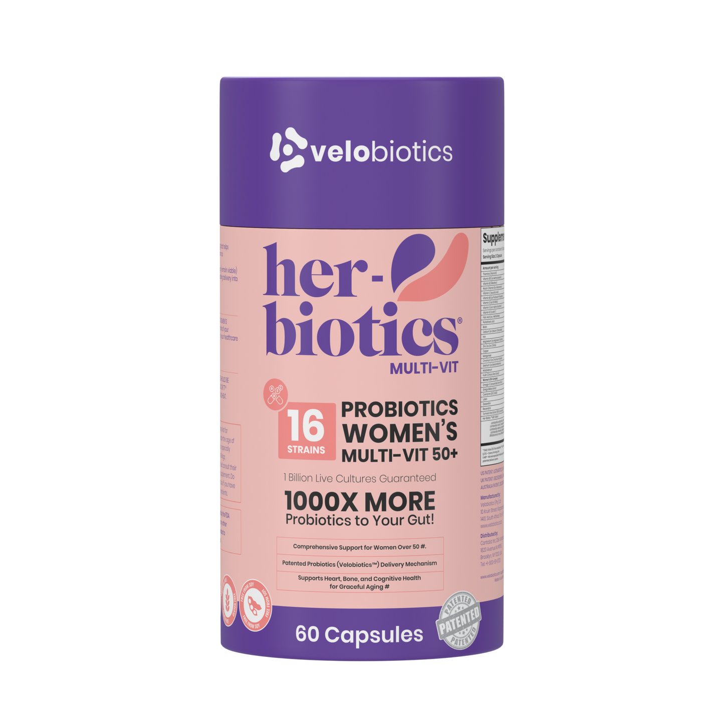 Her-Biotics Probiotics Women's Multi-Vit 50+ supplement bottle with 60 capsules for menopause support and healthy aging