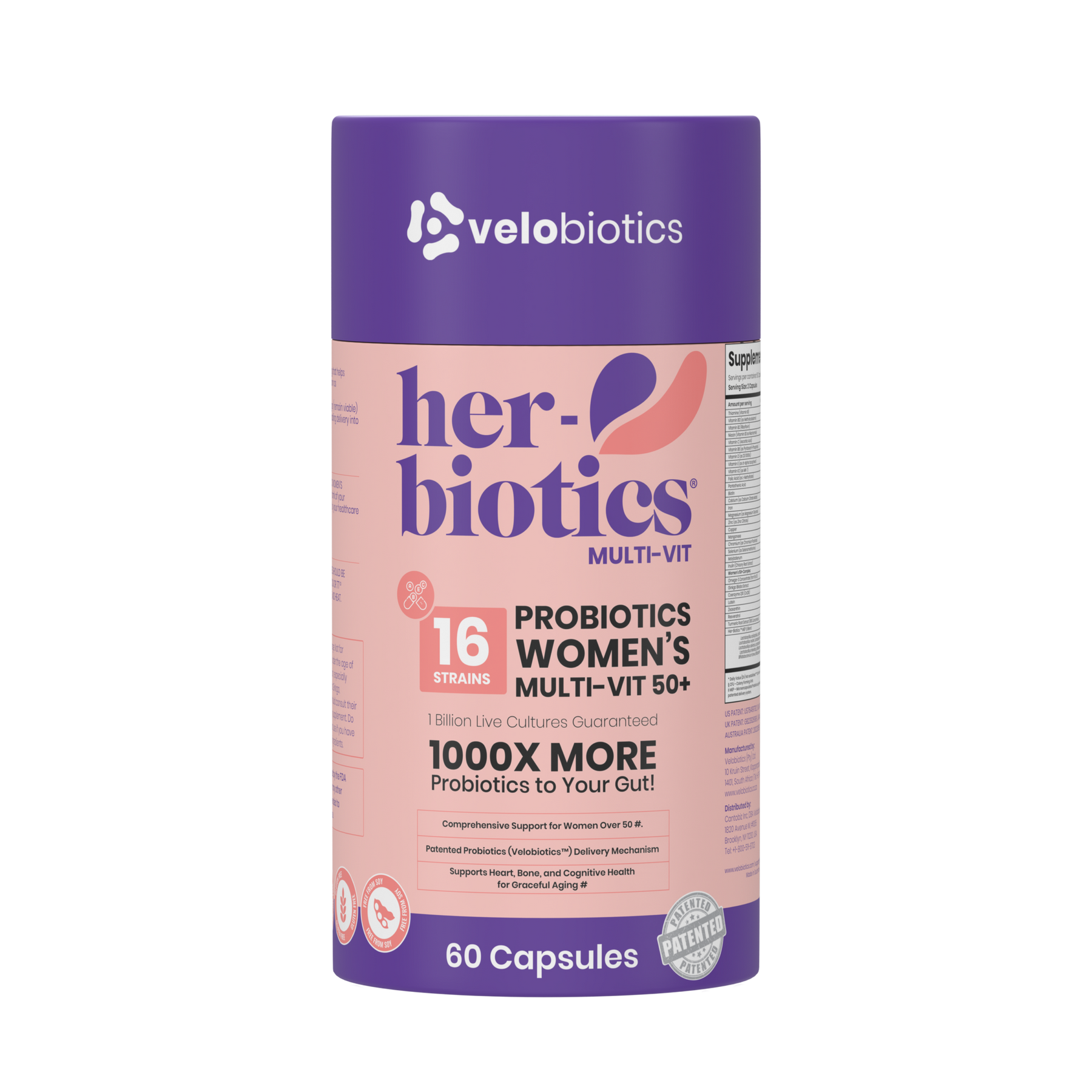 Her-Biotics Probiotics Women's Multi-Vit 50+ supplement bottle with 60 capsules for menopause support and healthy aging