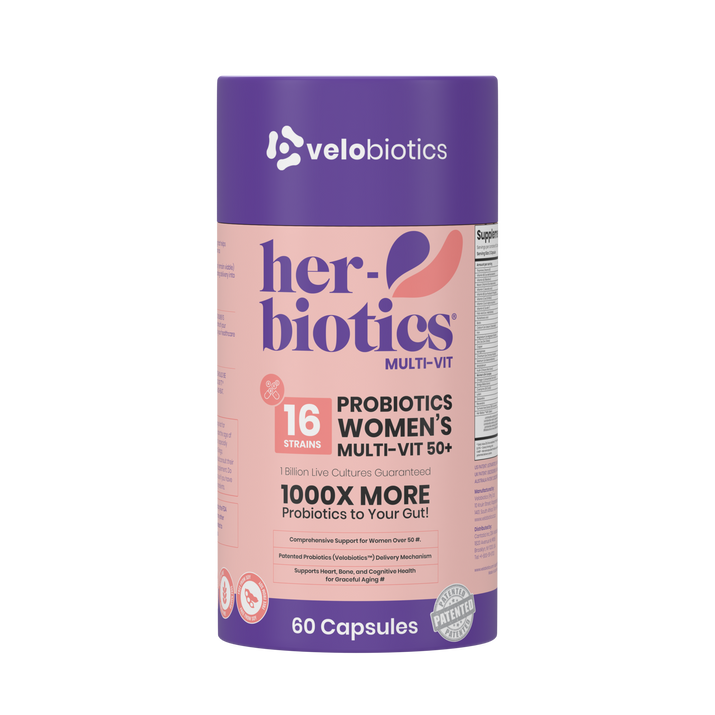 Her-Biotics Probiotics Women's Multi-Vit 50+ supplement bottle with 60 capsules for menopause support and healthy aging