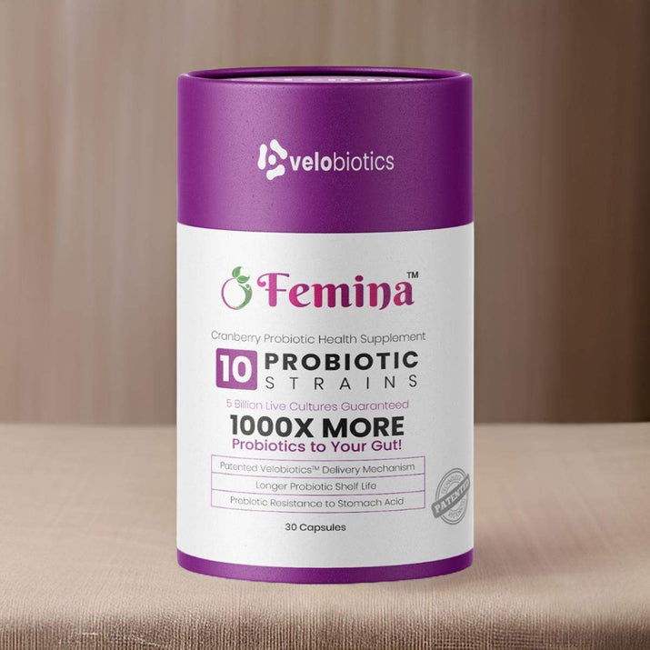Velobiotics Femina probiotic capsules for gut and intimate health with cranberry extract in purple container