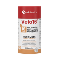 Velo16 Probiotics Apple Cider Vinegar supplement bottle with 16 strains, 60 capsules for digestive and metabolic health support