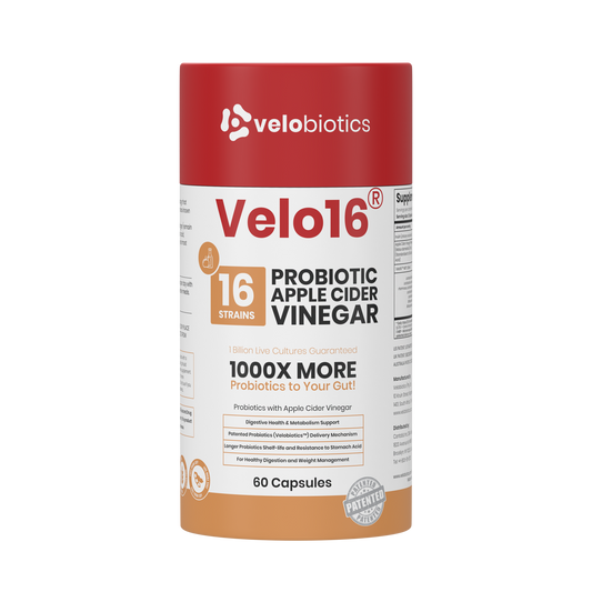 Velo16 Probiotics Apple Cider Vinegar supplement bottle with 16 probiotic strains and patented delivery for gut health.