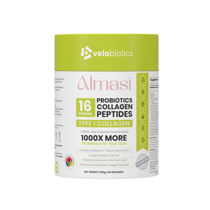 Velo16 Probiotic Digestive Capsules Almasi collagen peptides powder container for gut health and skin elasticity