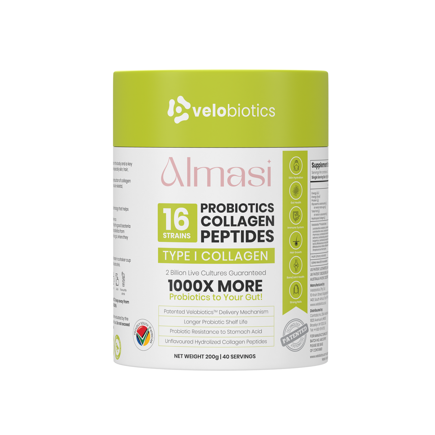Velo16 Probiotic Digestive Capsules Almasi collagen peptides powder container for gut health and skin elasticity