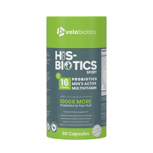 His-Biotics Probiotics Sport men's multivitamin capsules with 16 probiotic strains and performance-boosting ingredients in green and gray packaging