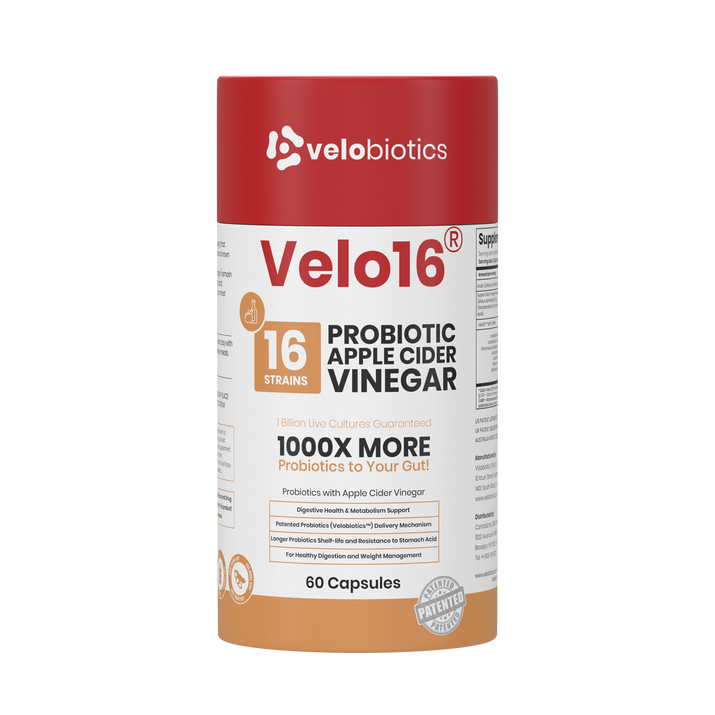 Velo16 Probiotics Apple Cider Vinegar supplement bottle with 16 strain probiotics and digestive support capsules
