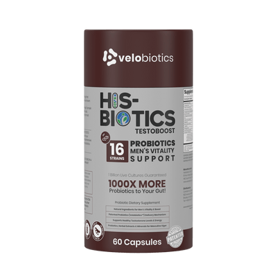 His-Biotics Probiotics TESTO BOOST - 3D product bottle and packaging box front view