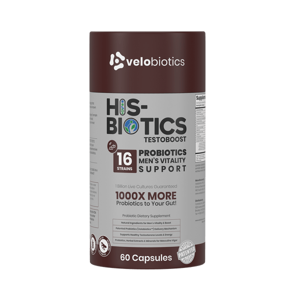His-Biotics Probiotics TESTO BOOST - 3D product bottle and packaging box front view