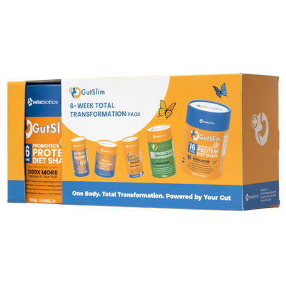 GutSlim 6-Week Total Transformation Pack with probiotics, protein diet shake, fat burner, and supergreens for gut health and weight loss.