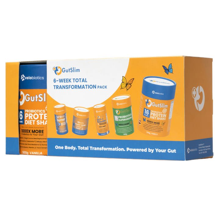 GutSlim 6-Week Total Transformation Pack with probiotics, protein diet shake, fat burner, and supergreens for gut health and weight loss.