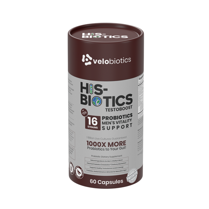 His-Biotics Sport Testo Boost probiotic supplement for men's vitality and testosterone support with 16 strains and 60 capsules