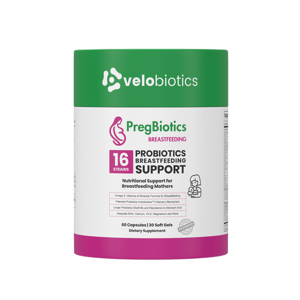 PregBiotics Breastfeeding - 3D product bottle and packaging box front view