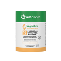 PregBiotics Essentials with Omega dietary supplement bottle featuring probiotics and Omega-3 support for pregnancy.