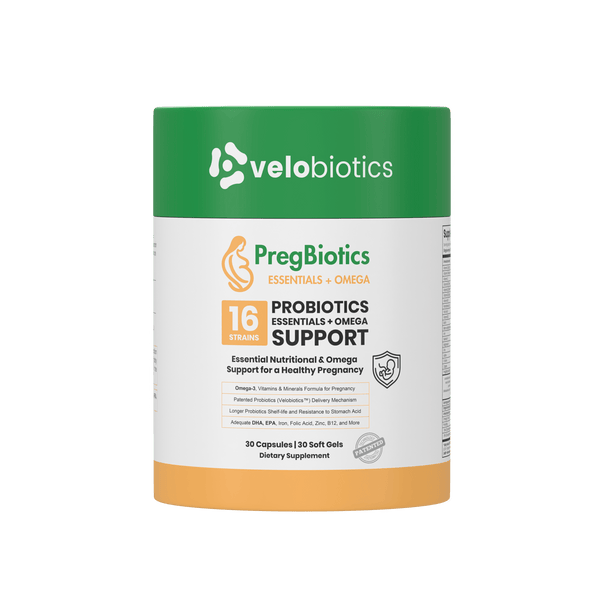 PregBiotics Essentials + Omega - 3D product bottle and packaging box front view