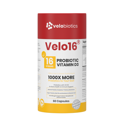 Velo16 Probiotics Vitamin D3 supplement bottle with 16 strains and patented probiotics for gut health and immune support