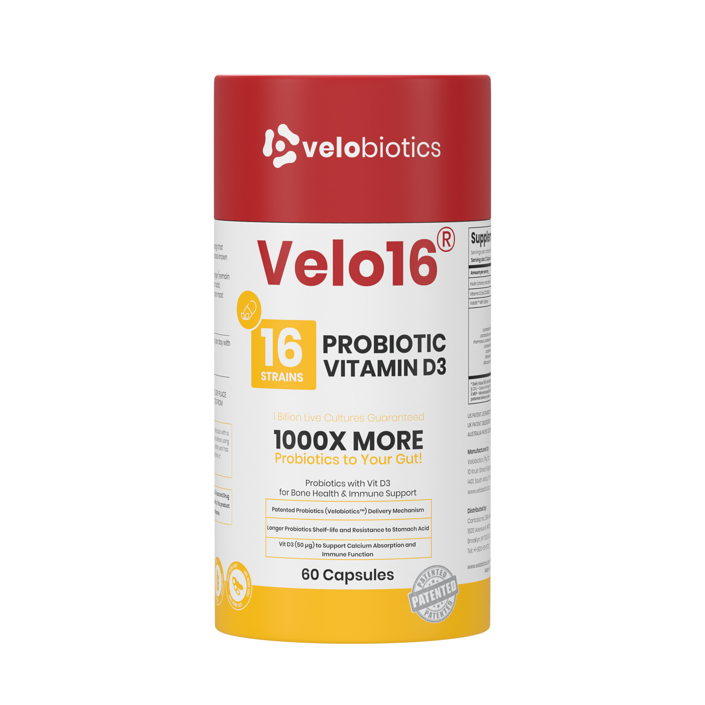 Velo16 Probiotics Vitamin D3 supplement bottle with 16 strains and patented probiotics for gut health and immune support