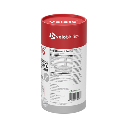 Velo16 Probiotics supplement bottle with Calcium and Magnesium for bone and gut health