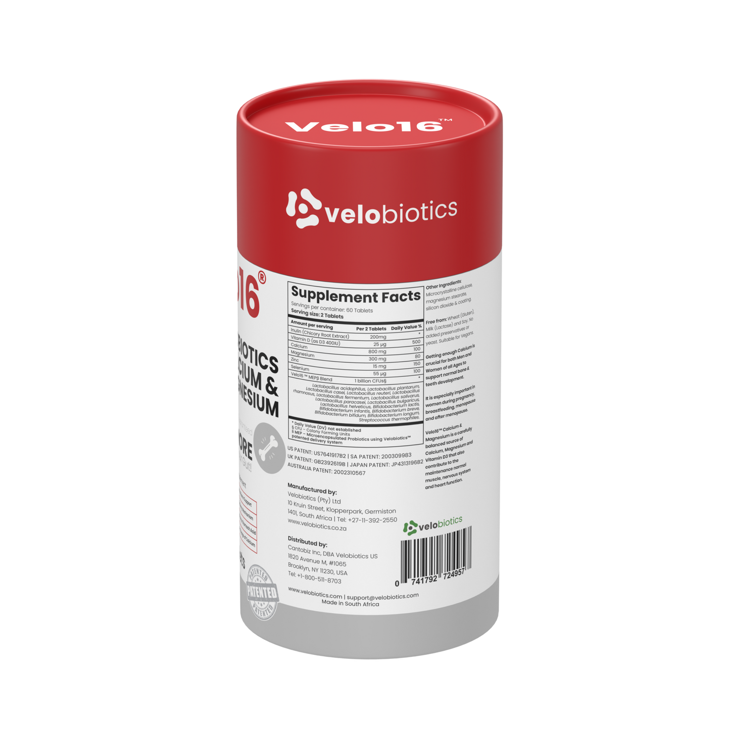 Velo16 Probiotics supplement bottle with Calcium and Magnesium for bone and gut health