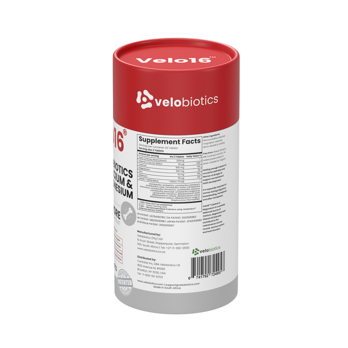 Velo16 Probiotics supplement bottle with Calcium and Magnesium for bone and gut health