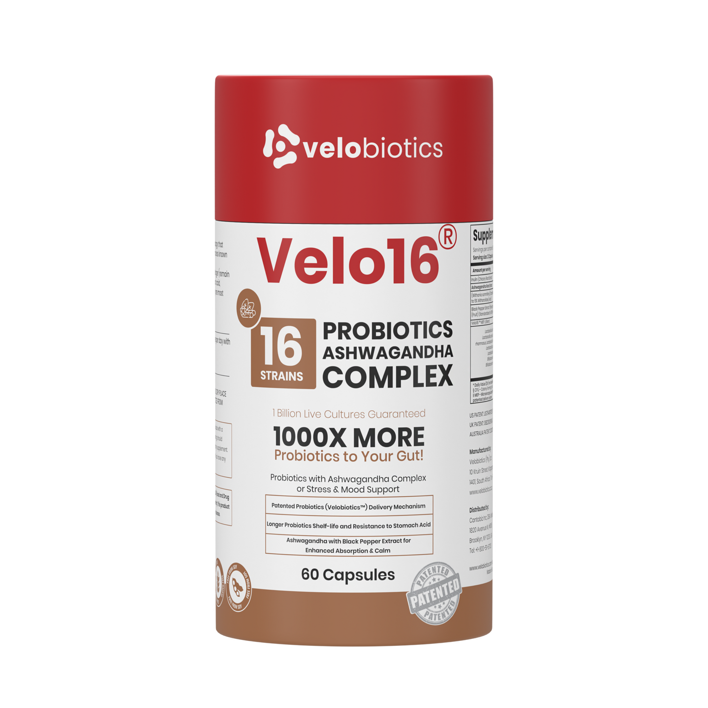 Velo16 Probiotics + Ashwagandha Complex supplement bottle with 16 strains, 60 capsules, supporting gut health and stress relief.