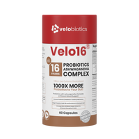 Velo16 Probiotics + Ashwagandha Complex supplement bottle with 16 strains, 60 capsules, supporting gut health and stress relief.