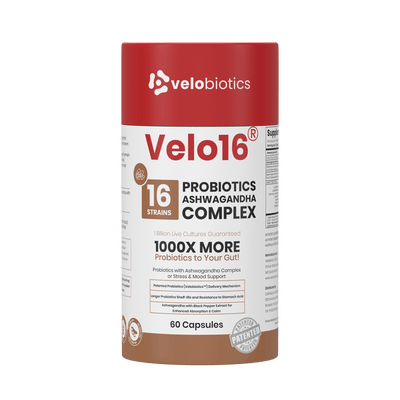 Velo16 Probiotics + Ashwagandha Complex - 3D product bottle and packaging box front view