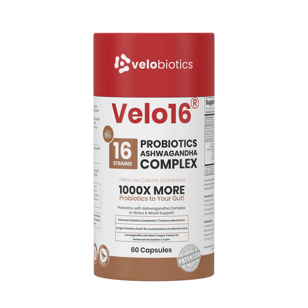Velo16 Probiotics + Ashwagandha Complex - 3D product bottle and packaging box front view