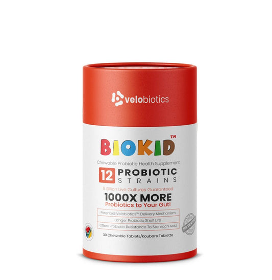 GutScribe BioKid probiotic chewable tablets for children with 12 strains and Velobiotics delivery technology