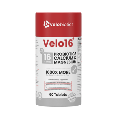 Velo16 Probiotics Calcium & Magnesium - 3D product bottle and packaging box front view